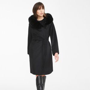 Max Mara Studio Mango Fur Trim Wool Coat, Black, US 10 / IT 46